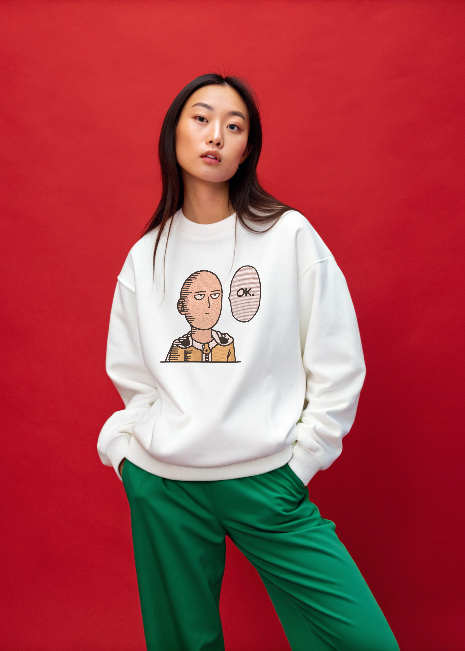 Anime Saitama One Punch "OK" Sarcastic Face Embroidery Hoodie | Sweatshirt