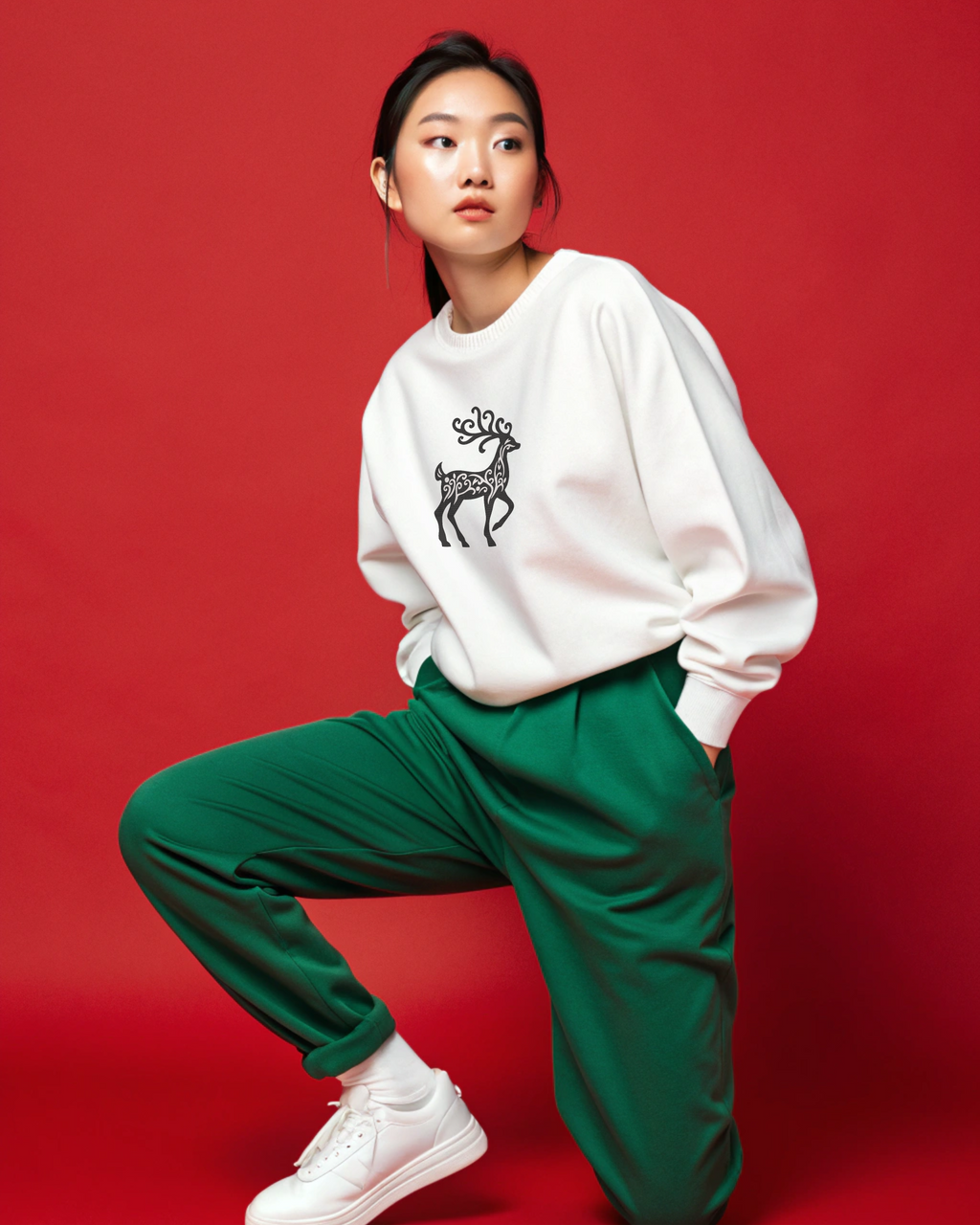 Sudadera con capucha bohemia con bordado de ciervo natural y caprichoso | Sudadera