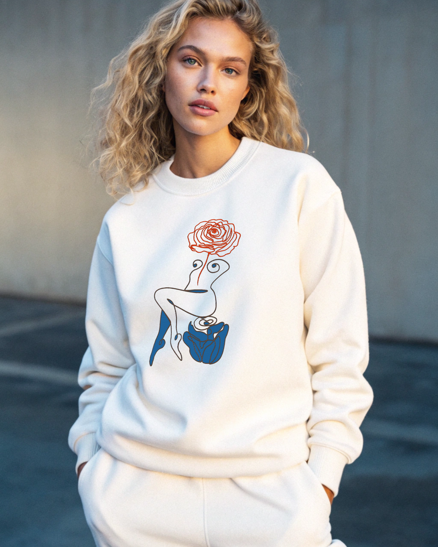 ミニマリストな花柄抽象ローズウーマンラインアート刺繍パーカー | スウェットシャツ
