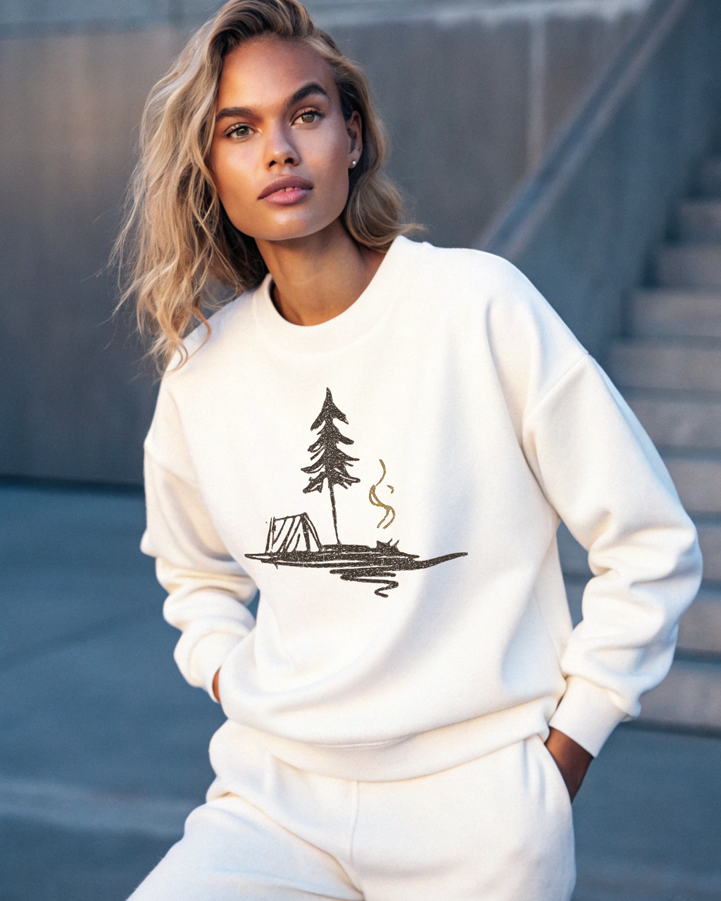 テント、松、キャンプファイヤー、湖のスケッチ刺繍パーカー | スウェットシャツ | Tシャツ