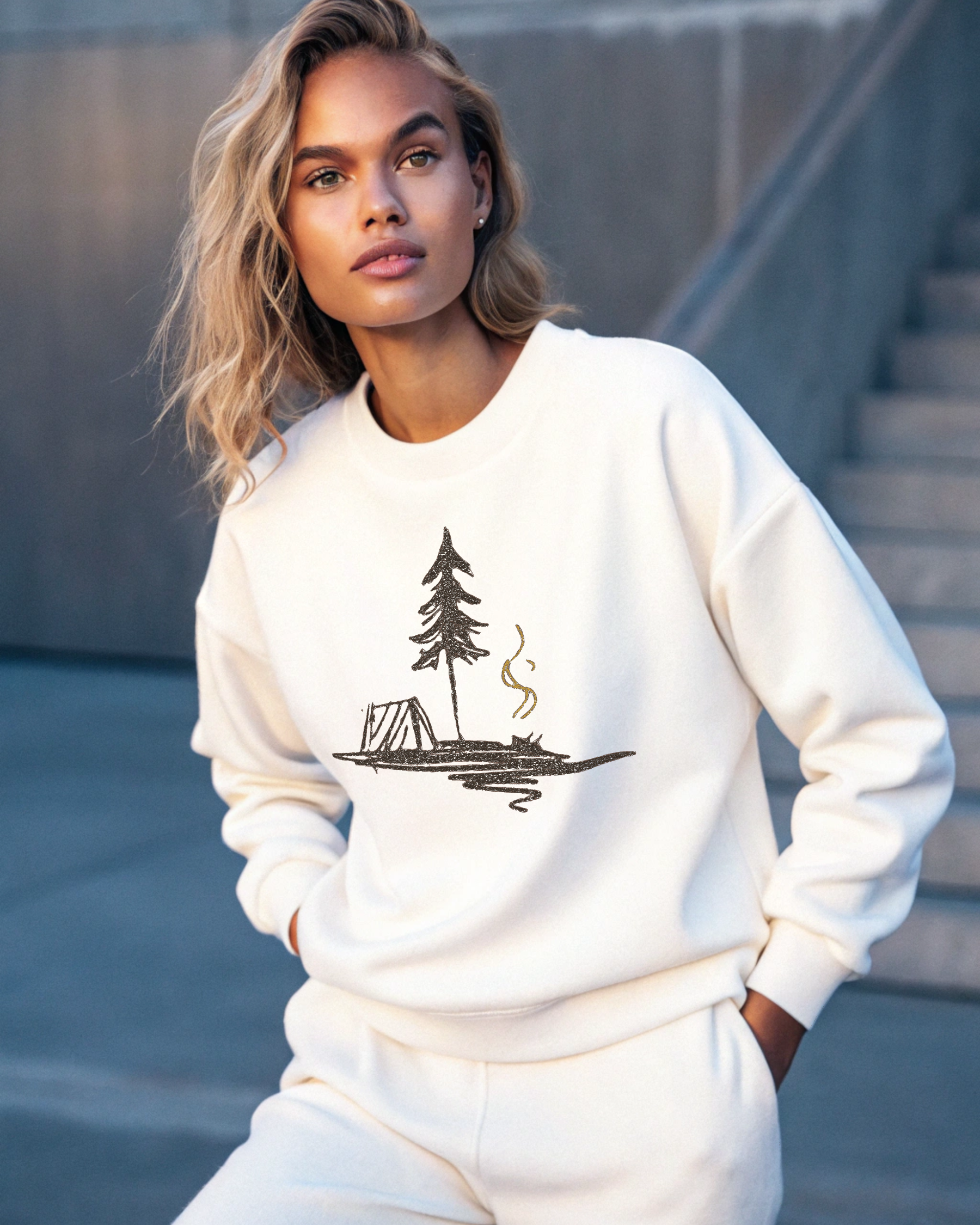 テント、松、キャンプファイヤー、湖のスケッチ刺繍パーカー | スウェットシャツ | Tシャツ
