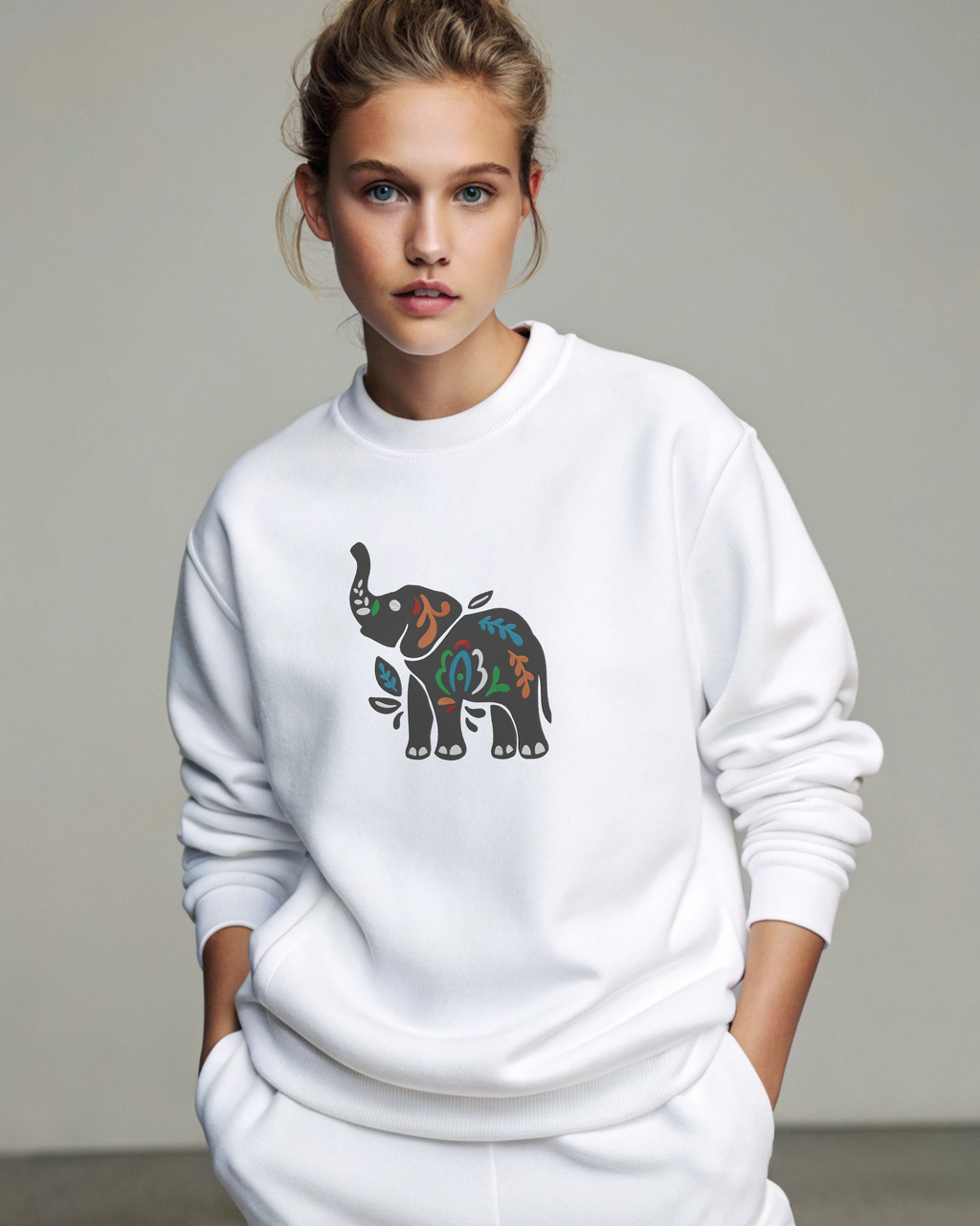 Boho Colorful Floral Tribal Elephant Embroidery Hoodie | Sweatshirt