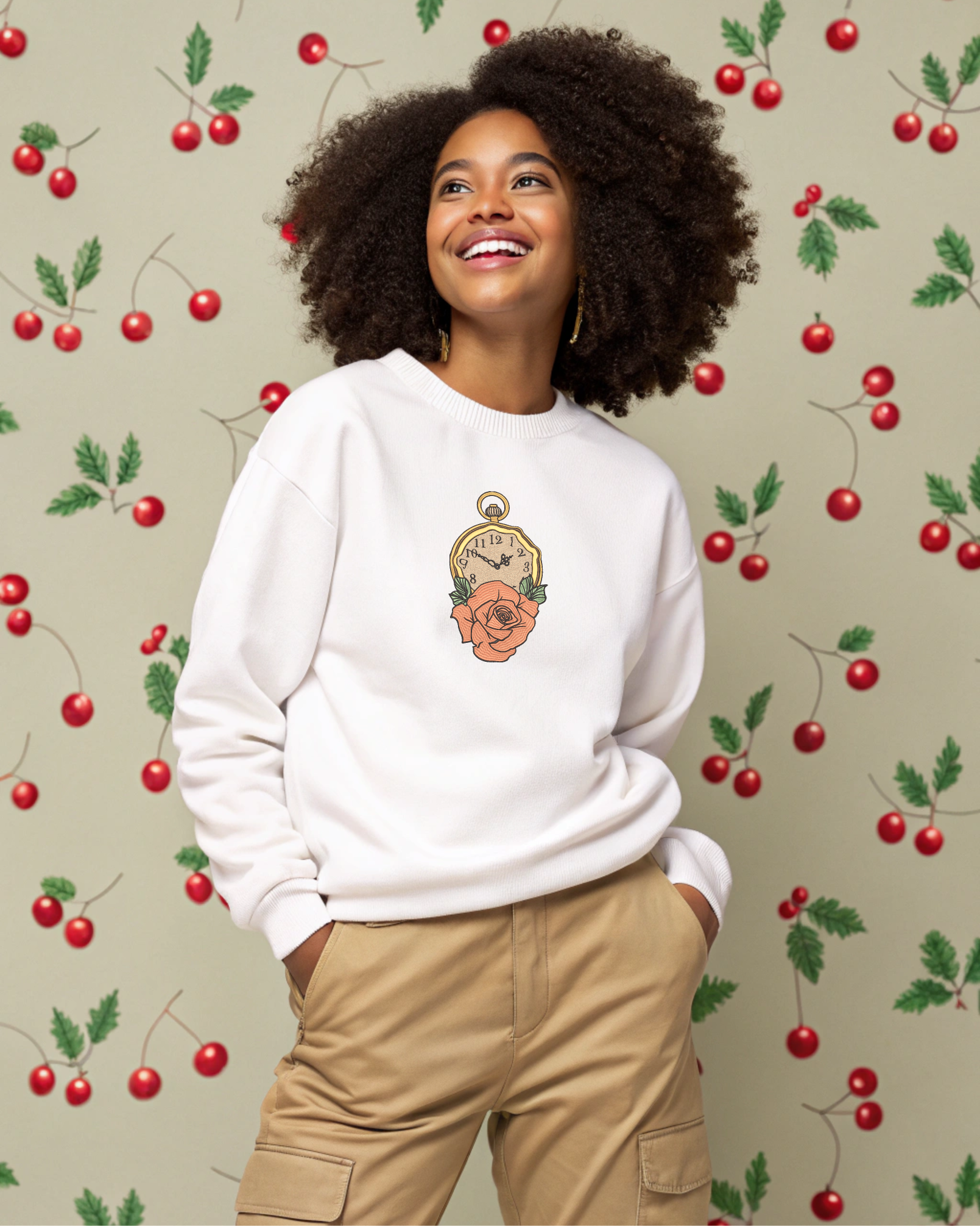 Vintage Valentine Floral Timepiece Embroidered Hoodie | Sweatshirt