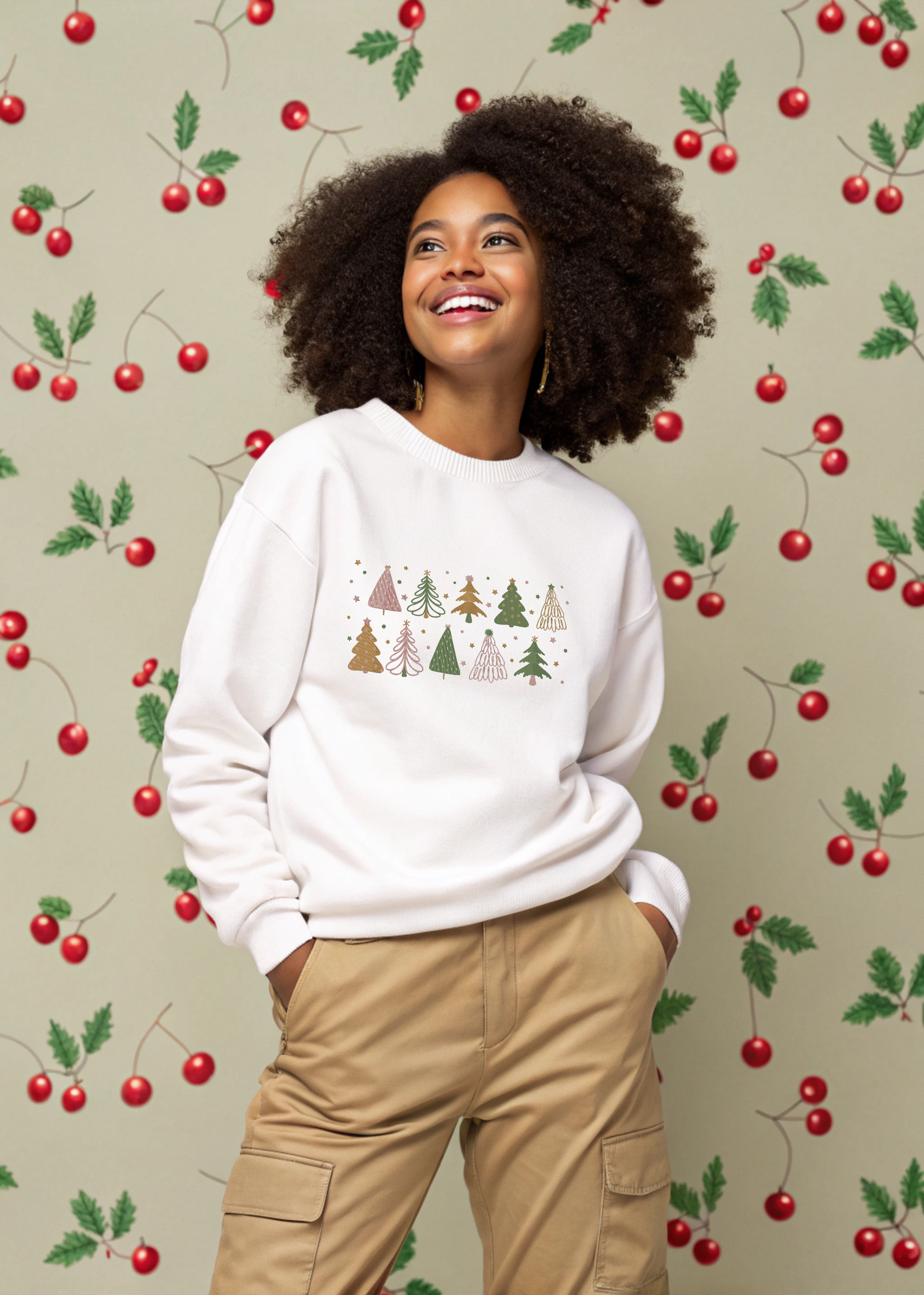 Colorful Decorative Christmas Trees Embroidery Hoodie | Sweatshirt | T-shirt