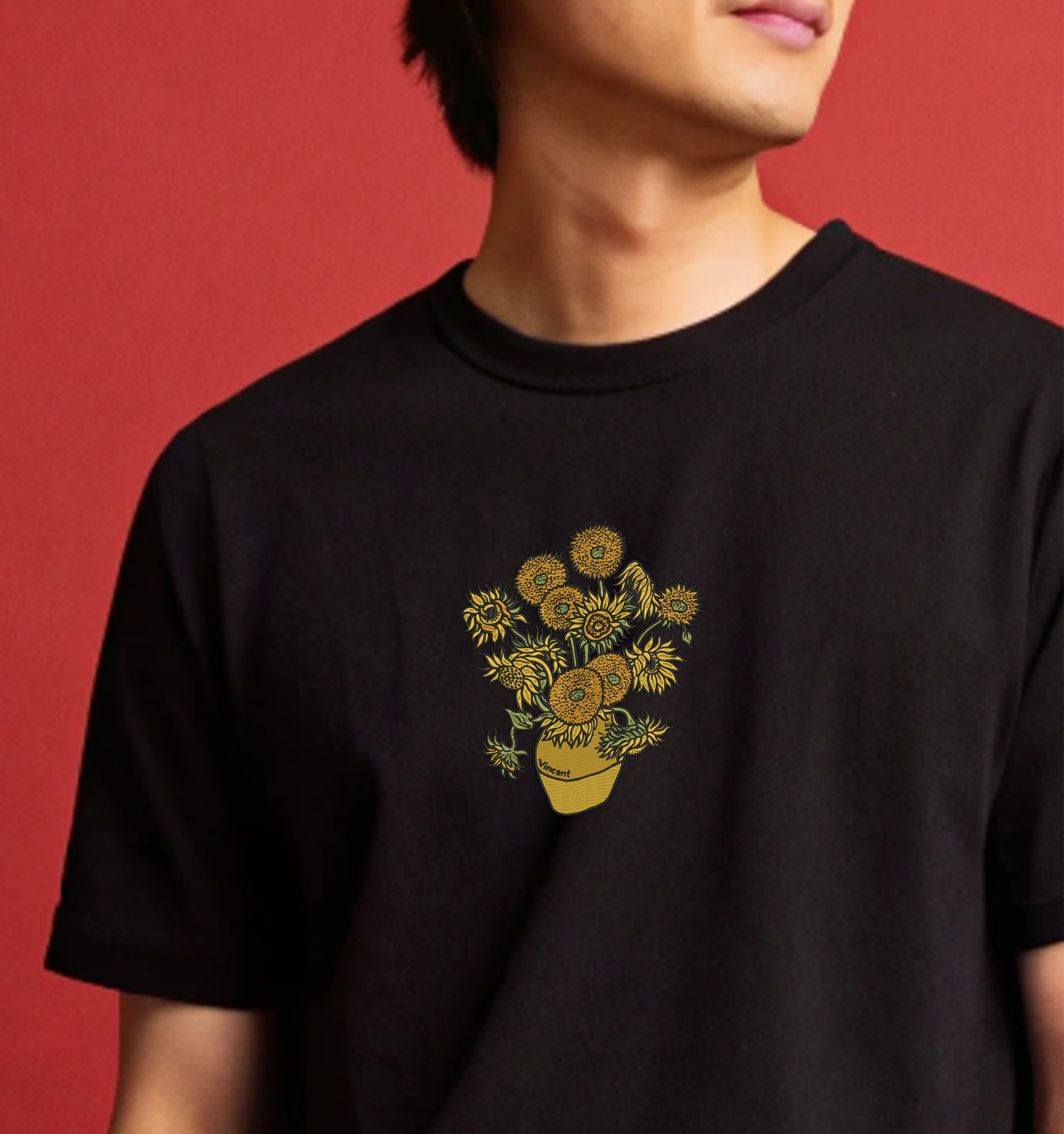 Vase with Fifteen Sunflowers Vincent Van Gogh Premium Cotton Heavyweight Embroidered T shirt