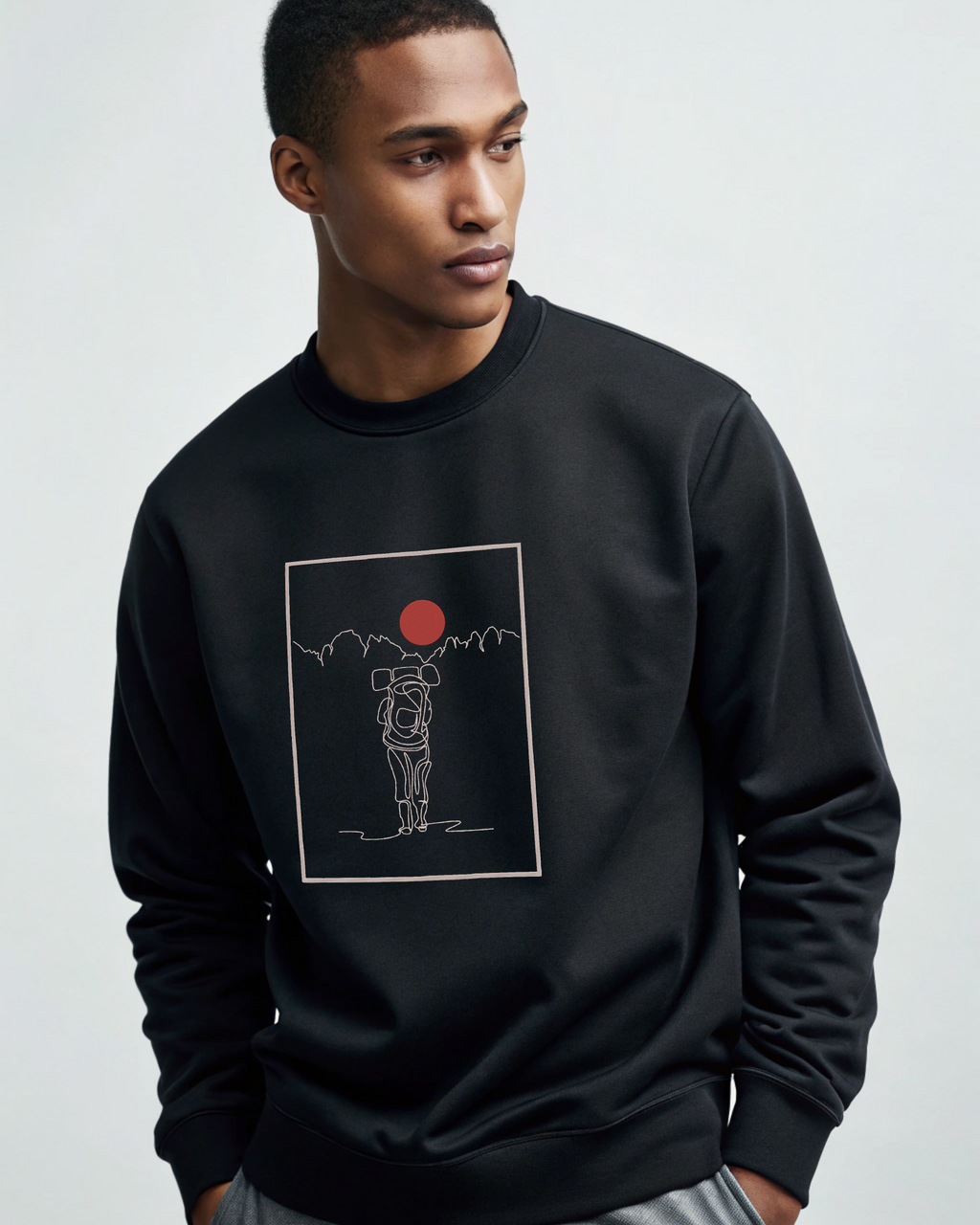 Lone Hiker Sunset Mountains Embroidery Hoodie | Sweatshirt | T-shirt