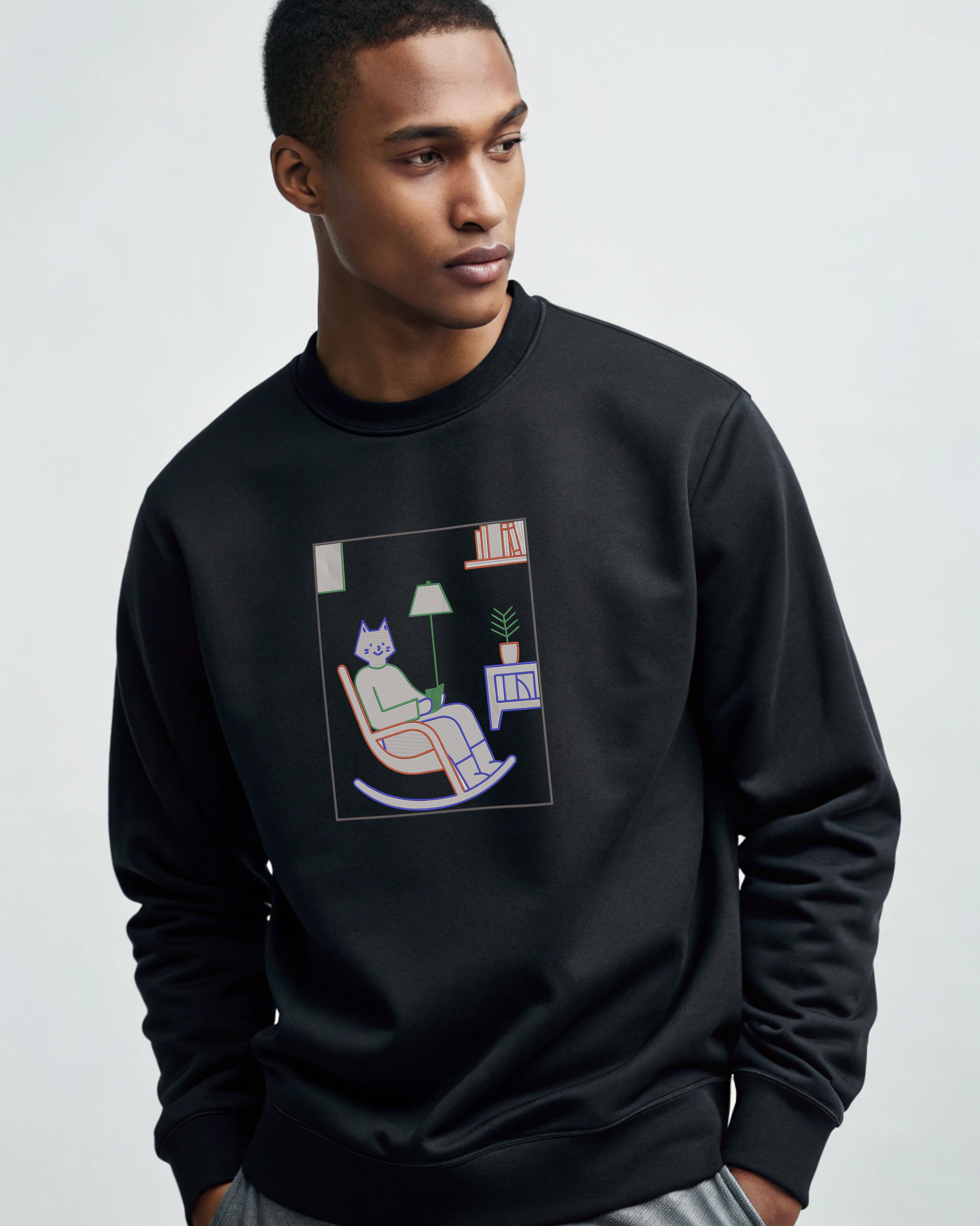 Cat Reading in Rocking Chair Embroidery Hoodie | Sweatshirt | T-shirt