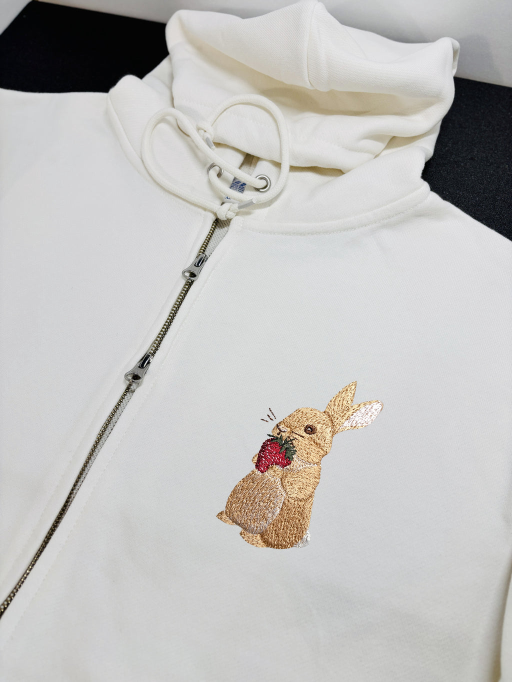 Bunny and Strawberry Embroidered 450GSM Heavyweight Pullover Hoodie Sweatshirt
