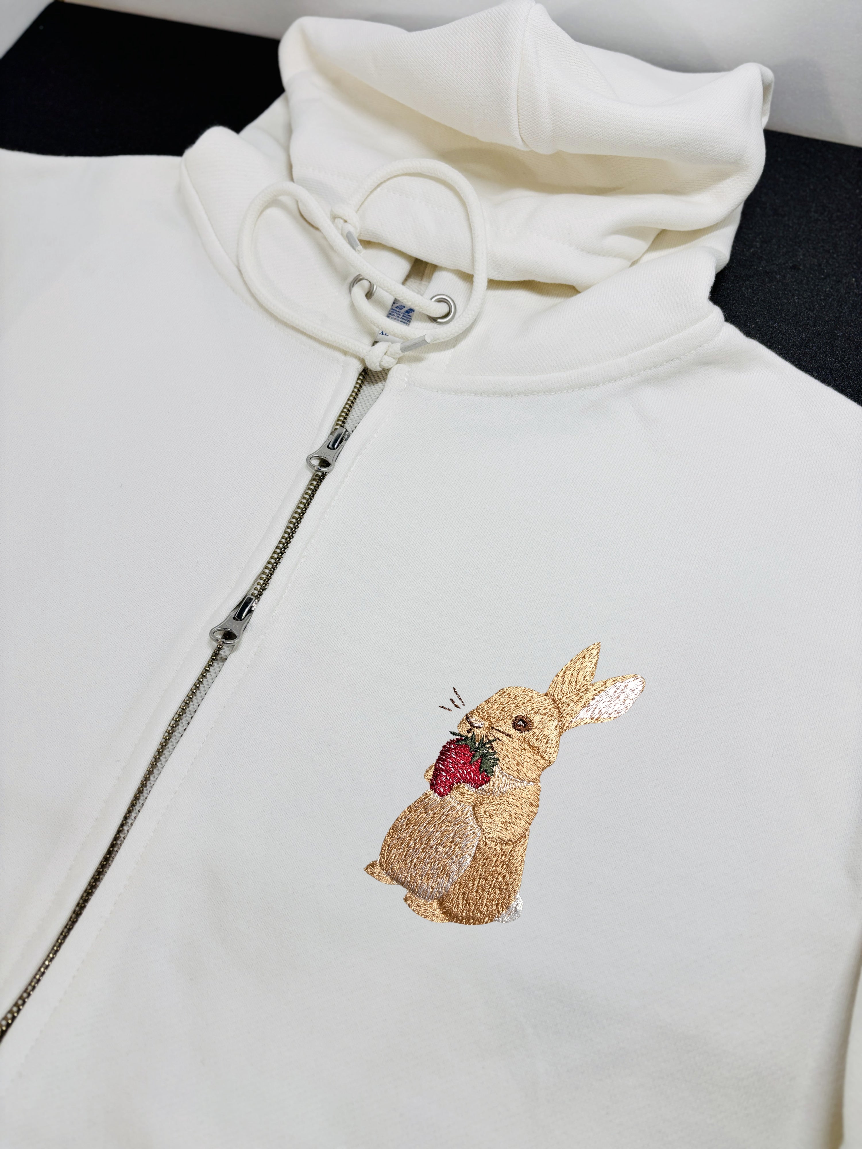 Bunny and Strawberry Embroidered 450GSM Heavyweight Pullover Hoodie Sweatshirt